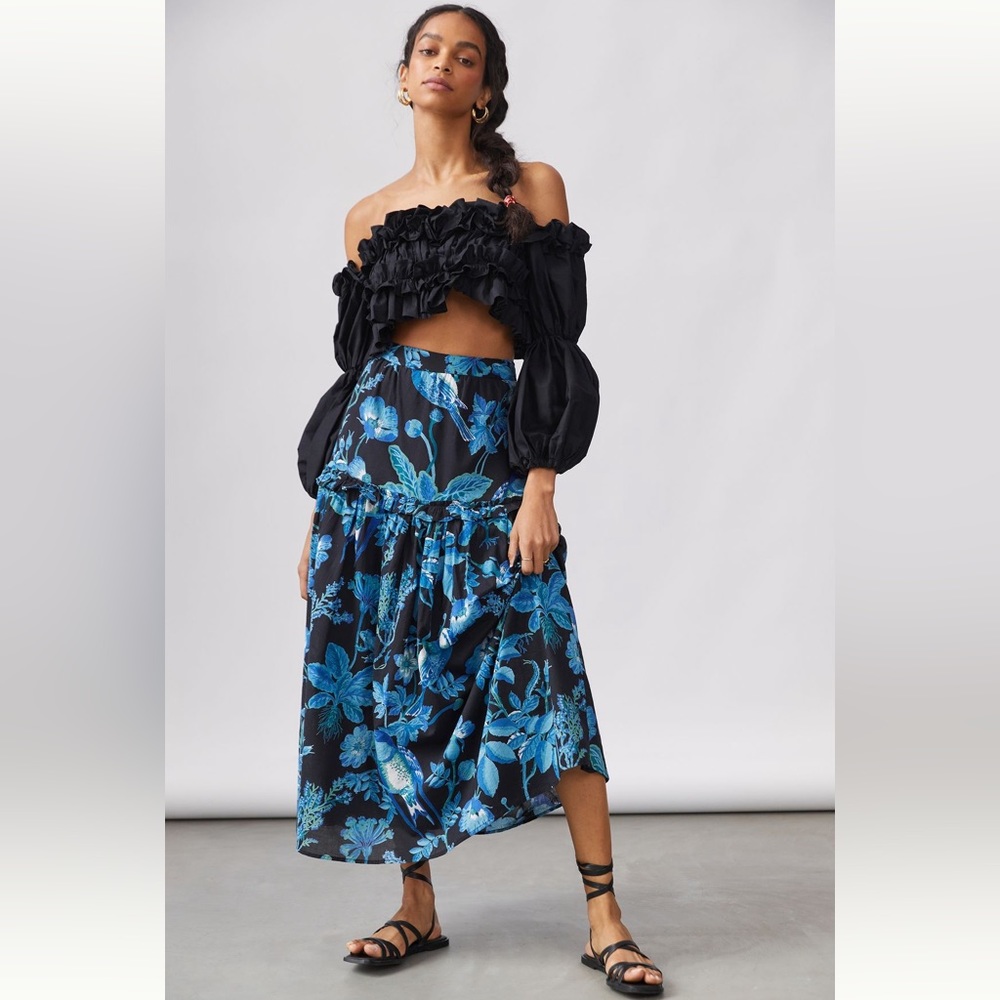 Anthropologie Floral A-Line Maxi Skirt Blue Motif XS NWT